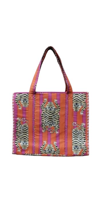 HOUSE OF GULAB Pink Orange Cotton Tote Bag Reusable Shopping Bag Printed Canvas Cloth Carry Bag with Long Handle for Women & Men Eco Friendly Grocery Storage Travel Bag 15x18 Inch (Pink & Orange)