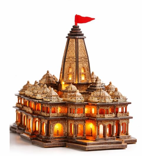 Ram Mandir Ayodhya 3D Wooden Model with LED Light, Handcrafted Shri Ram Janmabhoomi Temple Miniature for Home Decor, Pooja Room, Car Dashboard, Spiritual Gift