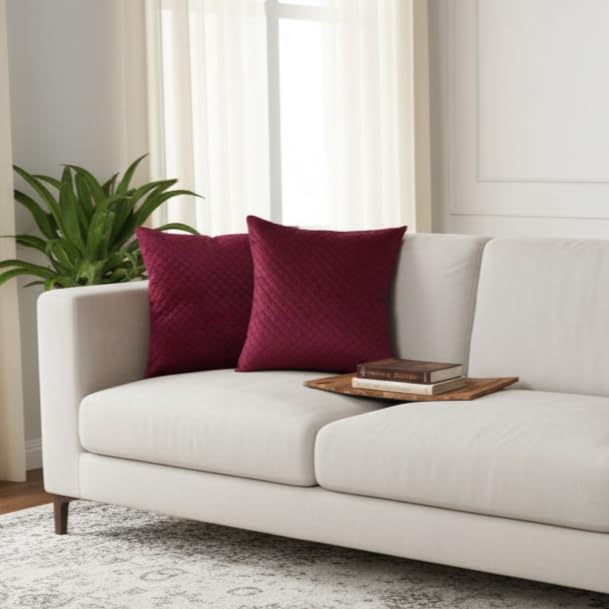 STITCHNEST Quilted Velvet Cushion Covers Set of 2 | Soft Maroon | 24x24 Inches | Premium Sofa & Living Room Décor