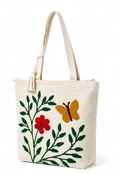 Embroidered Canvas Tote Bag, Cream, Floral Butterfly Design, Zipper Closure with Tassel