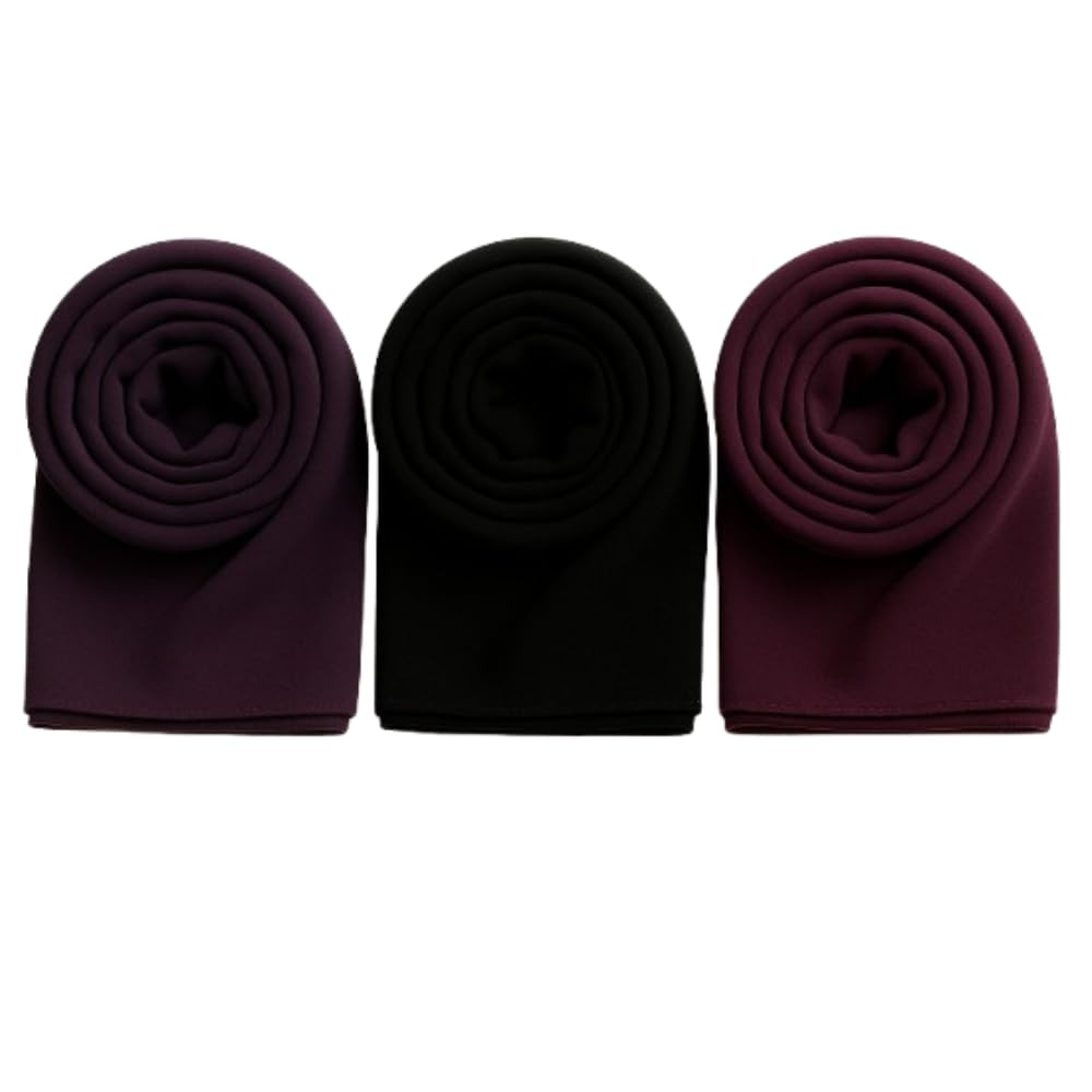 Trending Plain Chiffon Georgette Fancy Hijab/Scarves/Shawl/Stoles/Duppatta Combo of 3 Muslim Women Malaysian Soft College Girls Abaya Scarf Collection (Egg plant, Black,Grape Wine)