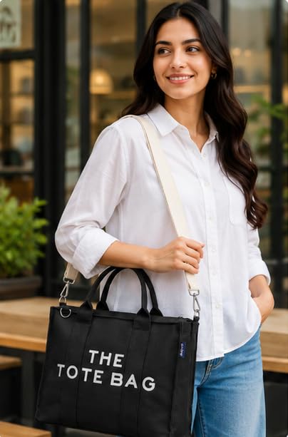 AQVA Printed Cotton Canvas Tote Bag with Detachable Sling Strap for Women | Large Capacity | Stylish Multipurpose Handbag with Zipper | Shoulder Bag for Laptop, Office & Travel (Black)