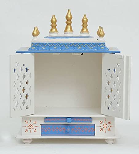 Jodhpur Handicrafts MDF Wood Home Temple Puja Mandir Home Temple Pooja Mandir with Door Pooja Room Stand (18 inch x 12 inch x 24 inch, White & Blue)