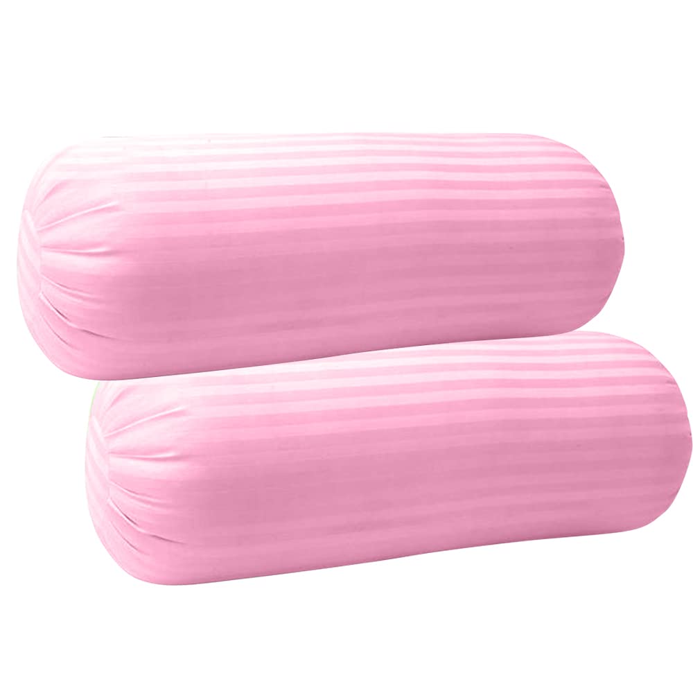 Trance Home Linen 100% Cotton 16x32 inch 200TC Striped Bolster Cover | Round Bed Side Long Bolster Pillow Cover to fit 24 Length 9 Dia | Pack of 2 Bolster Cover only (16x32 inch,Light Pink)