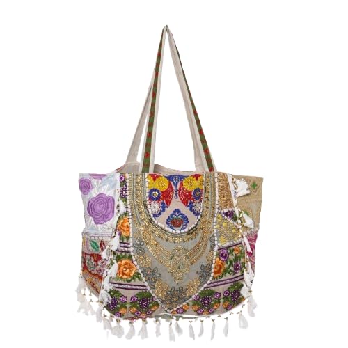 PREET GALLERY Handmade Cotton Patchwork Tote Bag, Multicolour, Double Handle|Women's Shoulder Bag, Pure Cotton Tote Bag, Handmade Patchwork Design (Off White Multicolor)