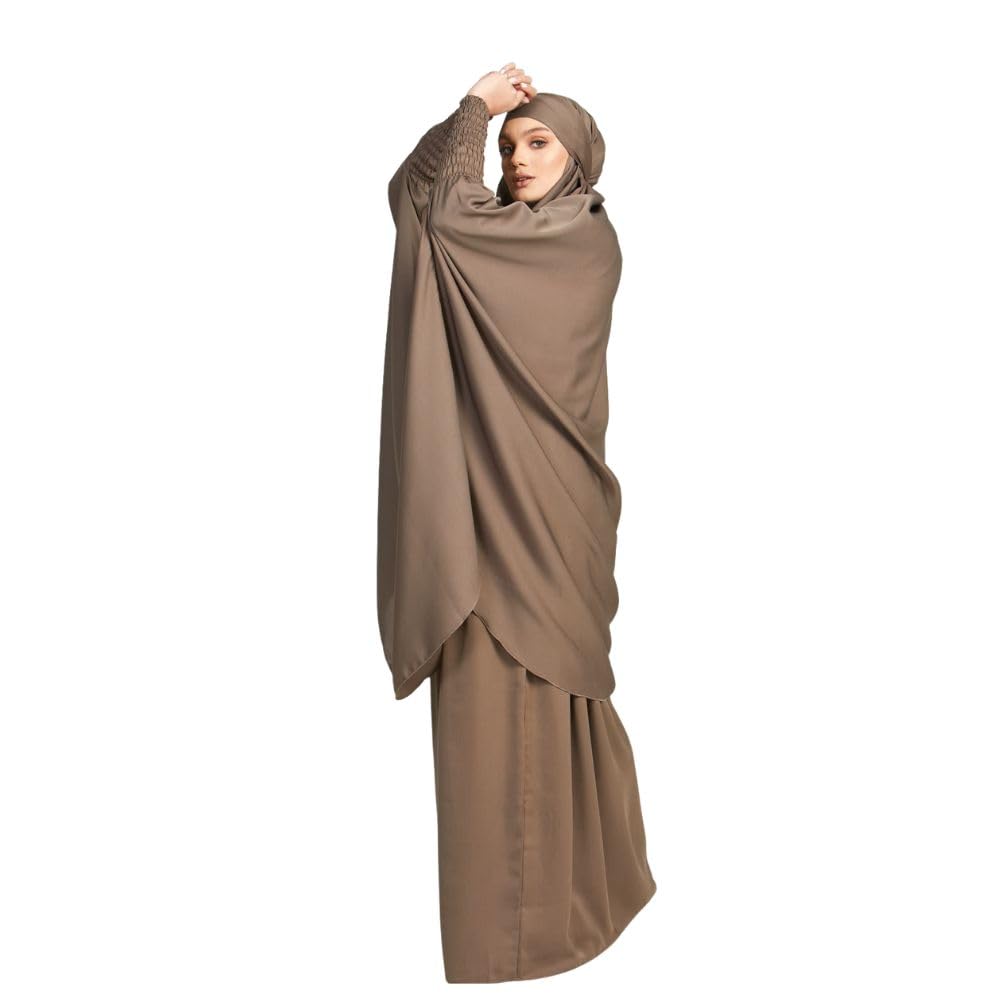 MODEST CITY 2-Piece Knee-Length Jilbab Set Khimar Style Abaya and Skirt with Chunnat Slevees/Dolman Sleeves Brown Color| Tie Back Burkha Jilbab Khimar Style Abaya