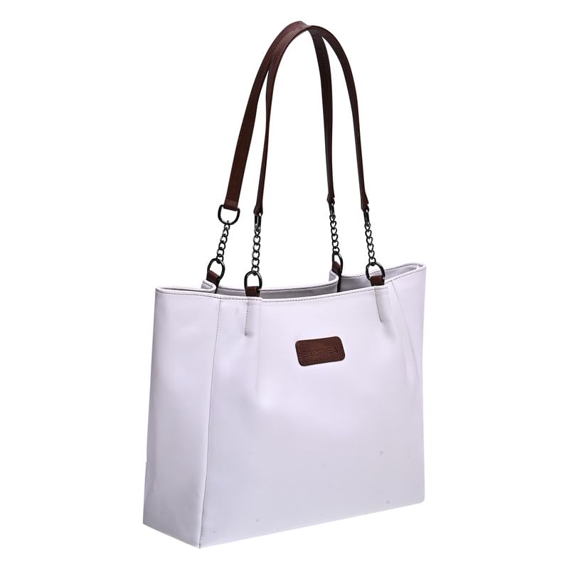EARTHEA Women’s Faux Leather Tote Bag for Women | Stylish Shoulder Handbag with Zipper Closure & Spacious Compartments | Office Tote Bag for Women, Laptop & Daily Use | Large White Ladies Handbag
