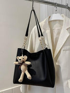 AESTHETIC Women’s Shoulder Handbag | Elegant PU Leather Tote with Chain Strap & Teddy Charm | Stylish Daily Use Purse for Office, College & Casual Outings-T-04