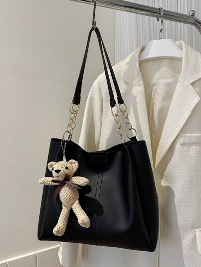 AESTHETIC Women’s Shoulder Handbag | Elegant PU Leather Tote with Chain Strap & Teddy Charm | Stylish Daily Use Purse for Office, College & Casual Outings-T-04