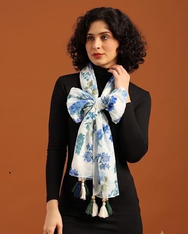 tweedle Pure Cotton Summer Scarf for Women,soft, Printed, Breathable Stole for Sun and Wind Protection - Offwhite/Blue