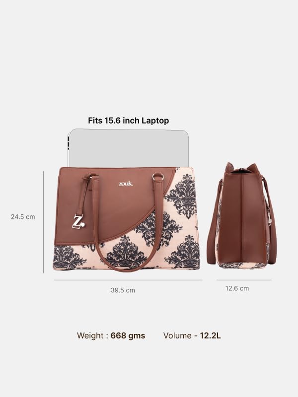 ZOUK Office Essential Bag | Jute | Vegan Leather Handcrafted Tote Bag With Double Handle Shoulder Strap | Mughal Motif