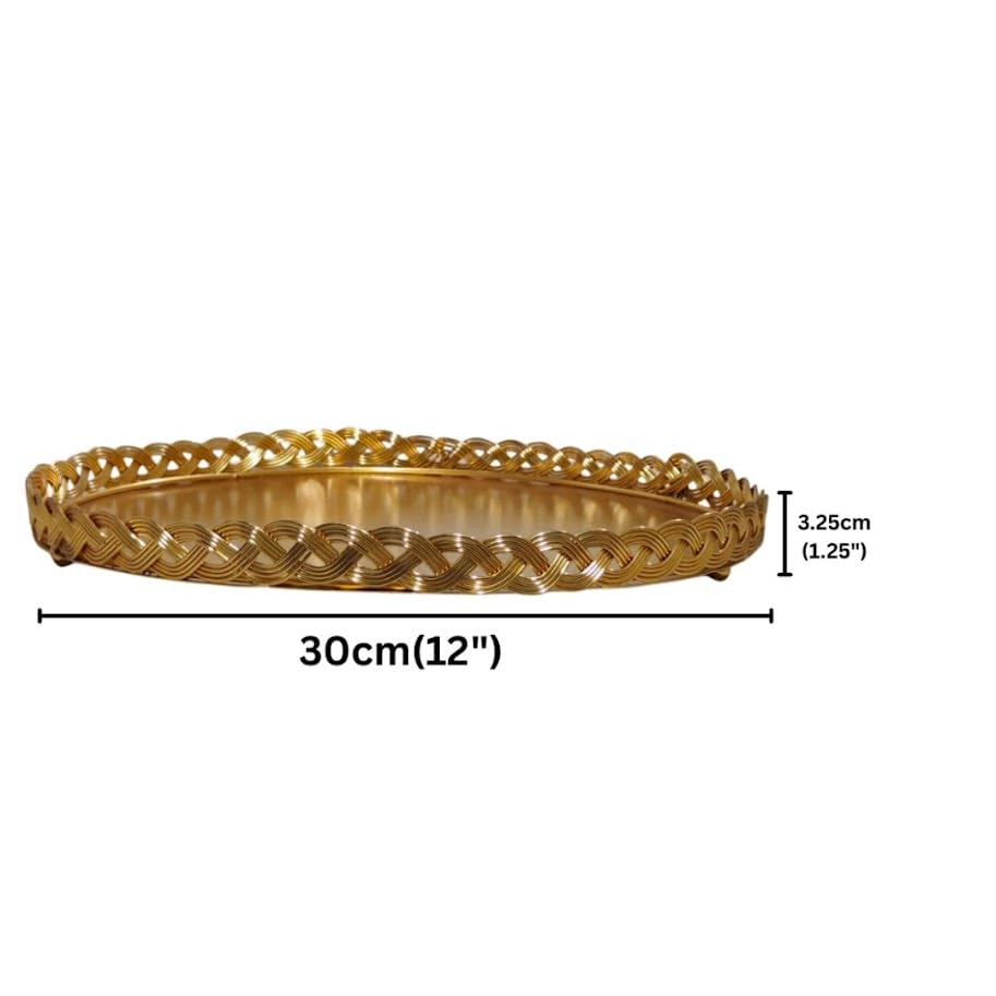 Luxury Gold Round Decorative Serving Tray - 12-Inch Ornate Braided Metal Vanity Tray with Mirror-Finish for Coffee Table, Ottoman, Home Decor - Ideal for Afternoon Tea, Jewelry, or Dessert Display