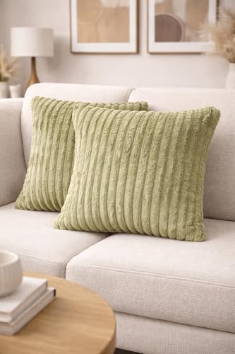 AWARD VELVETS Premium Faux Rabbit Fur Plush Luxury Soft Fluffy Striped Decorative Throw Pillow/Cushion Covers for Sofa, Couch, Living Room - (Olive Green, 16 x 16 inch) Set of 1