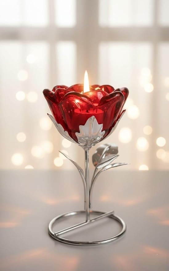 Eminent Red Glass Flower Candle Holder with Metal Stand | Decorative Tealight Candle Stand for Home Decor, Diwali Decoration, Romantic Dinner, Table Centerpiece Gift Item