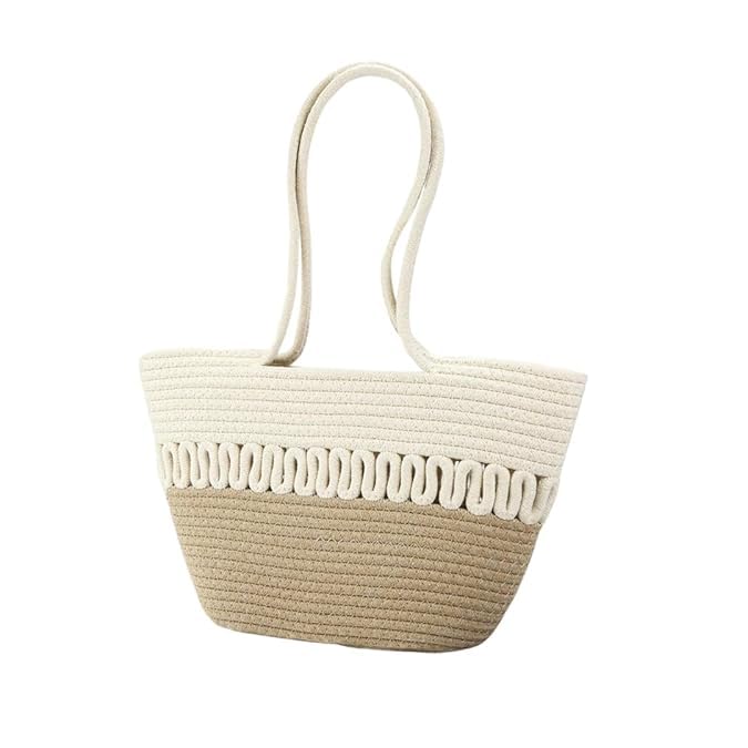 BEAUTIFUL HOMMIES Attractive Hand Bag |large Tote Bag |Summer Bag | Bucket Bag | Basket Bag | Bamboo Tote | Beach Bags for Women|Boho Bag|Handbag |Jute Bag |Handmade Bag (BEIGE WHITE)