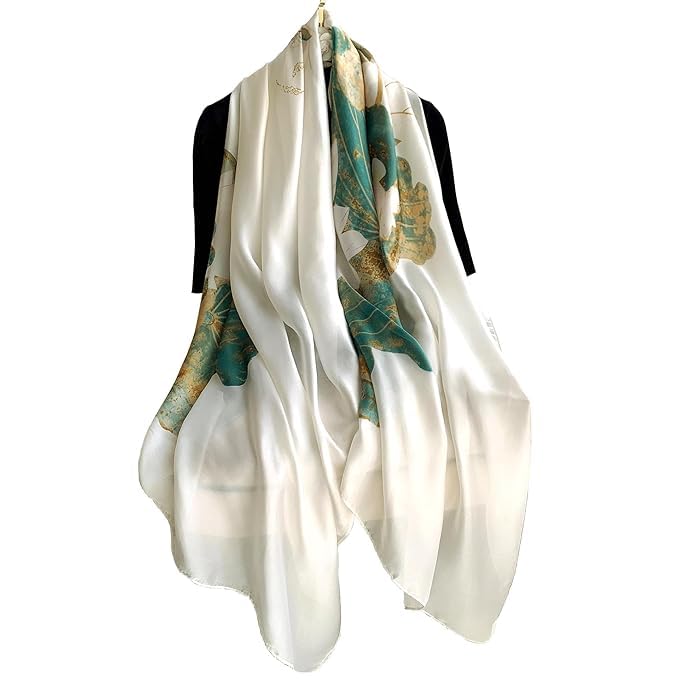 Alexvyan Satin Silk Summer Scarves 170 x 84 cm, Floral Print Green and Off White Colour with Stitched Border, Lightweight Fashion Scarf for Women Sun Protection Stole