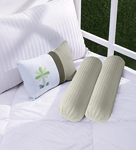 Trance Home Linen 100% Cotton 16x32 inch 200TC Striped Bolster Cover | Round Bed Side Long Bolster Pillow Cover to fit 24 Length 9 Dia | Pack of 2 Bolster Cover only (16x32 inch, Ivory)