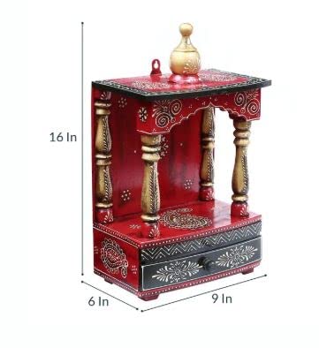 CRAFT TREE Wooden Pooja Mandir Without Door | Solid Wooden Pooja Mandir For Puja Room (Red), 9 Inch, 16 Inch