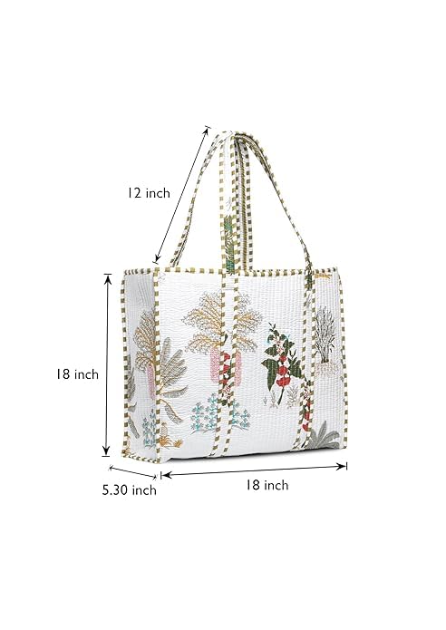 Cotton Quilted Tote Bag for Women, Jungle Print Handbag, Reusable Shoulder Bag with Dual Handles, Lightweight Travel Shopping Tote, Large Capacity Everyday Carry Bag - (White bag, 15×15 In)
