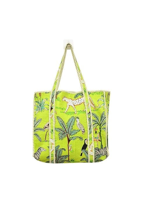Cotton Quilted Tote Bag for Women, Jungle Print Handbag, Reusable Shoulder Bag with Dual Handles, Lightweight Travel Shopping Tote, Large Capacity Everyday Carry Bag - (Lemon bag, 15×15 In)