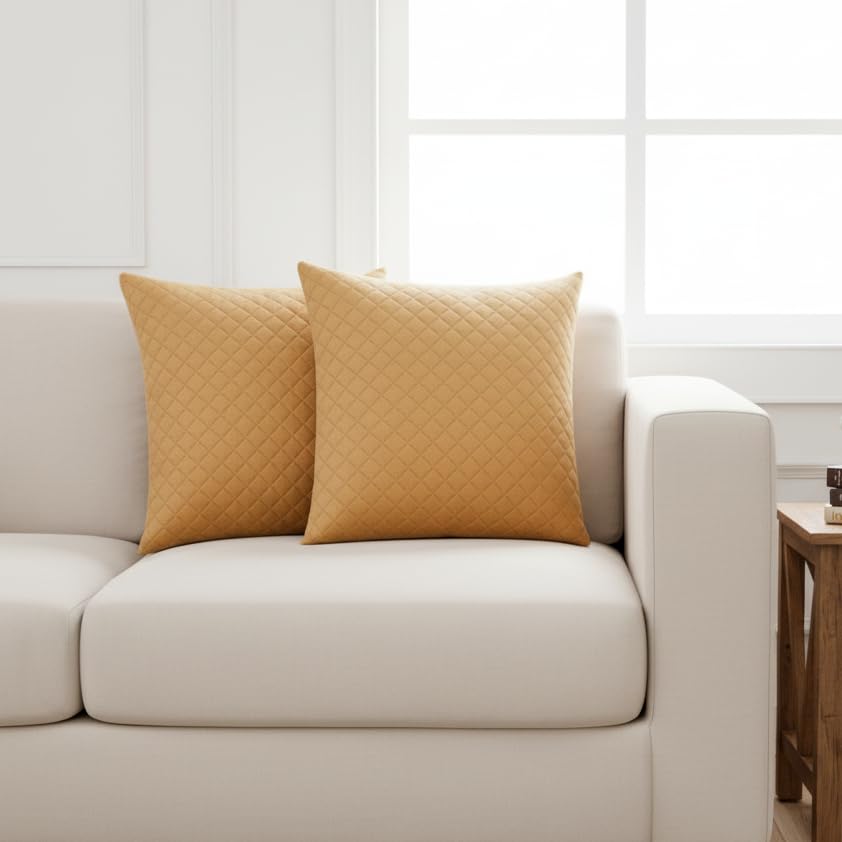 STITCHNEST Quilted Velvet Cushion Covers Set of 2 | Soft Brown | 16x16 Inches | Premium Sofa & Living Room Décor