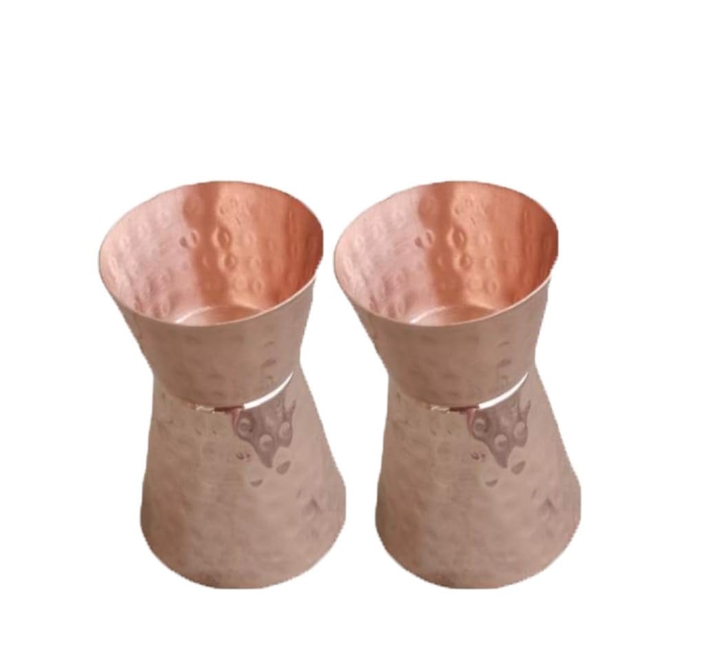 STREET MART Pure Brass Peg Measure Cup, Double-Sided 30ml/60ml, Bar Tool peetal Jigger Engraved Design (2, Copper Hammered)