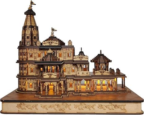 Eversky01 Handicraft LED Wooden Hand Carved Temple Multicolor Lights Shri Ram Mandir Ayodhya 3D Decorative Showpiece Wood Temple for Gift Replica Ram Janmbhoomi Home 5 INCH