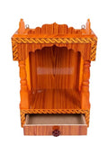 Handcrafted Wooden Mandir with Storage Drawer - Traditional Hindu Temple for Home and Office - Teak Finish Wall-Hanging Puja Shelf with Patterned Borders for Daily Prayer and Festivals.
