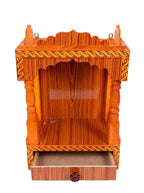 Handcrafted Wooden Mandir with Storage Drawer - Traditional Hindu Temple for Home and Office - Teak Finish Wall-Hanging Puja Shelf with Patterned Borders for Daily Prayer and Festivals.