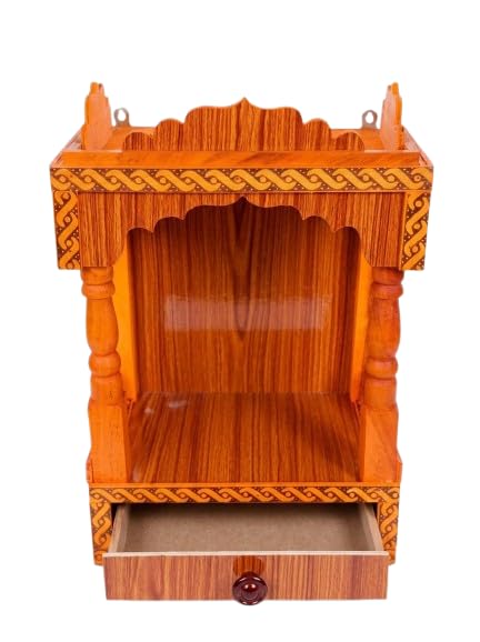 Handcrafted Wooden Mandir with Storage Drawer - Traditional Hindu Temple for Home and Office - Teak Finish Wall-Hanging Puja Shelf with Patterned Borders for Daily Prayer and Festivals.
