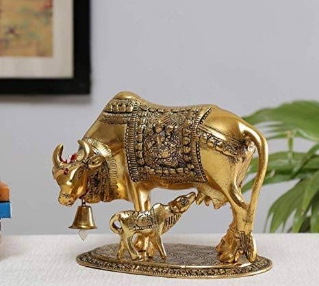 Prince Home Decor & Gifts Metal Kamdhenu Cow with Calf Statue Good Luck Holy Cow with Calf Statue/Metal Cow with Calf for Home Decor Spiritual Showpiece Figurine (XL Gold, 950)