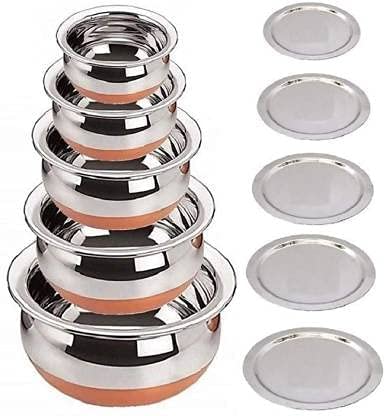 KC Stainless Steel Copper Bottom Kitchen Serving, Cooking Bowl | Biryani Handi | Handi Set 5-Pieces with Cover