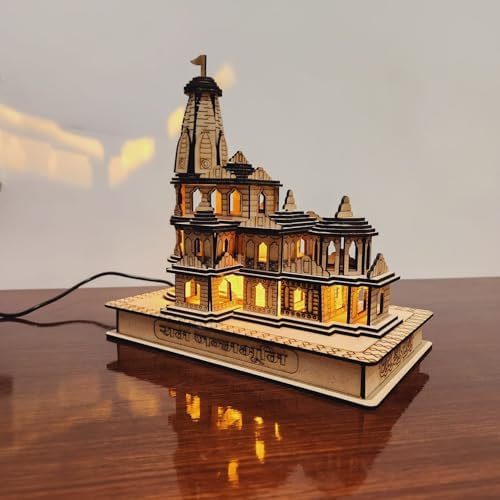GIFTZORO Jai Shree Ram Mandir Ayodhya Temple Metal Wall Art Wooden 3D Model Handcrafted Decorative Showpiece Showpiece Ram Bhakts Posh Peice Polished Board Hindu Temple Holi Festivals Gift
