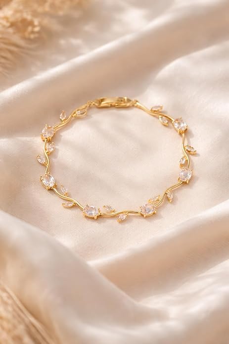 Zaya Handmade Jewelry Tulip Bracelet with Multicolour Gemstones, Pink, Purple & Clear Oval Marquise Crystals|Korean Purple & Pink Gemstones|Anti-Tarnish & Waterproof|Gift for GF and Wife (White)