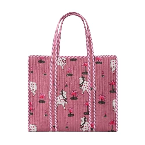 LOOMARTE Quilted Cotton Printed Tote Bag for Women & Girls - Pink