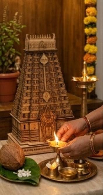 ATTRACTIVE CRAFT STORE Wooden Temple Gopuram Miniature Showpiece – 6.5 Inch Handcrafted Tiruchendur Murugan Temple Replica | Pooja Mandir Decor, Home Altar, Housewarming & Diwali Gift