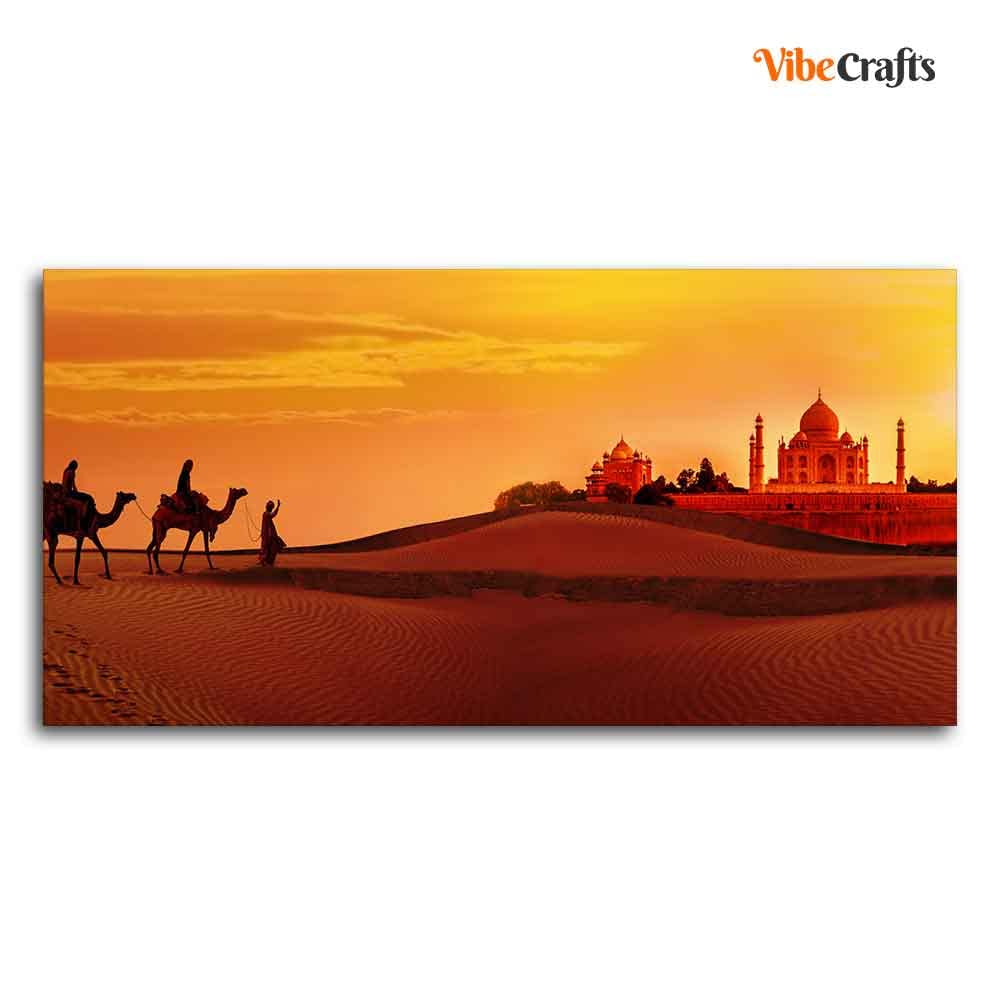 VIBECRAFTS Canvas Paintings for Living Room Drawing Room Beautiful Wall Painting of Camel Caravan Heading to Taj Mahal Fitted with Wooden Frame for Home|Office|Gift(PTVCH_2278)