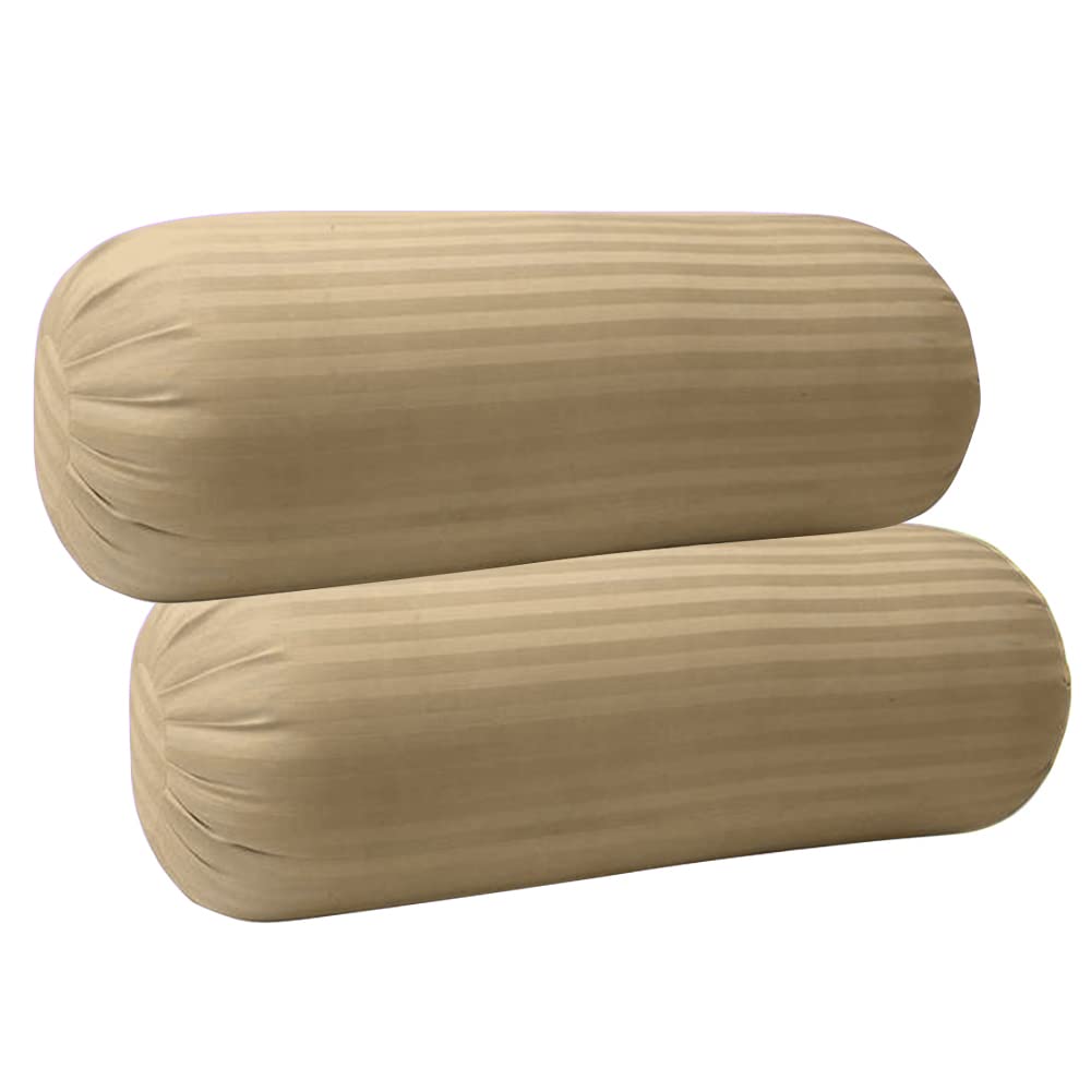 Trance Home Linen 100% Cotton 16x32 inch 200TC Striped Bolster Cover | Round Bed Side Long Bolster Pillow Cover to fit 24 Length 9 Dia | Pack of 2 Bolster Cover only (16x32 inch,Brown Grey)
