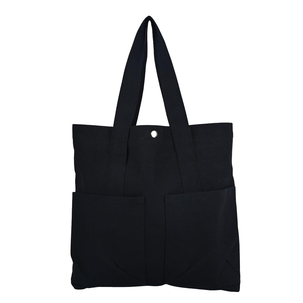 NECAVU Canvas Tote Bag for Women | Aesthetic Canvas College Bag for Girls with Inner & Outer Pockets | Cotton Utility Women Handbags for Shopping, Travel & Daily Use | Black