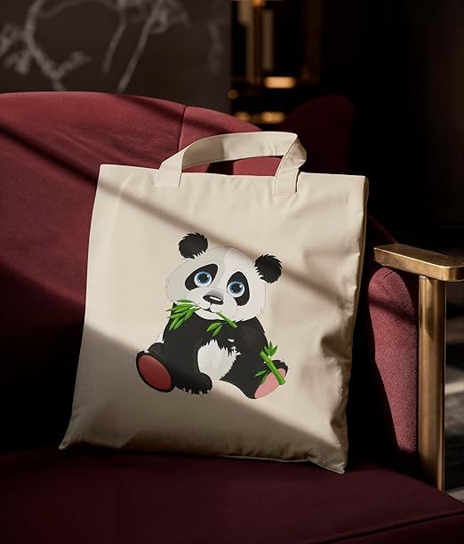 Reusable Cotton Fabric Cute Panda with Bamboo Design Printed Tote zipper Bag Ideal for Travel Shopping College & Office Use (TBIS1)