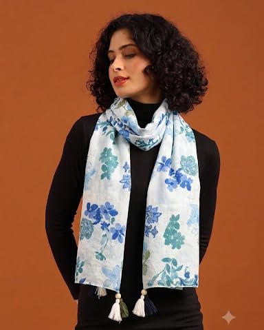 tweedle Pure Cotton Summer Scarf for Women,soft, Printed, Breathable Stole for Sun and Wind Protection - Offwhite/Blue