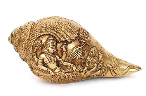 ARTVARKO Brass Lord Vishnu Laxmi and SheshNaag Carving Shankh Conch for Temple Vastu Decorative Items Sankh for Home 7.5 Inch