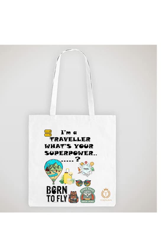 TAJNAN Reusable Tote Bags - 100% Organic Cotton Grocery Bag - Eco-Friendly, Multi-Purpose - Sturdy Canvas Bag with 15kgs Capacity - Multiple Stylish Designs (Pack of 1 - Traveller)