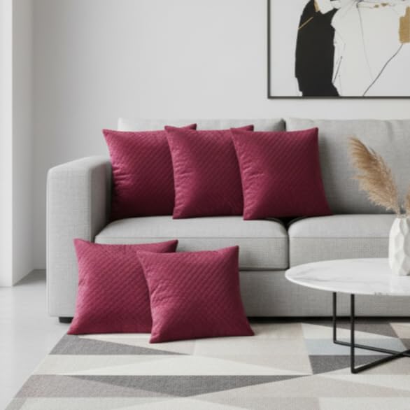 STITCHNEST Quilted Velvet Cushion Covers Set of 5 | Soft Maroon | 18x18 Inches | Premium Sofa & Living Room Décor