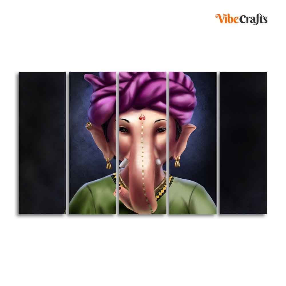 VIBECRAFTS Portrait of Ganesha Canvas Wall Painting of Five Pieces For Home|Office|Living Room|Gift (PTVC5Pcs4_8719)