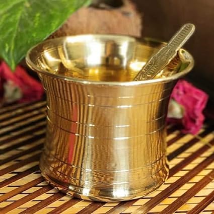 Griscon Pure Brass Puja Patra Panch Patra Jal Patra and Spoon for Pooja Samagri. (6 cm Height) (Golden, Brass)
