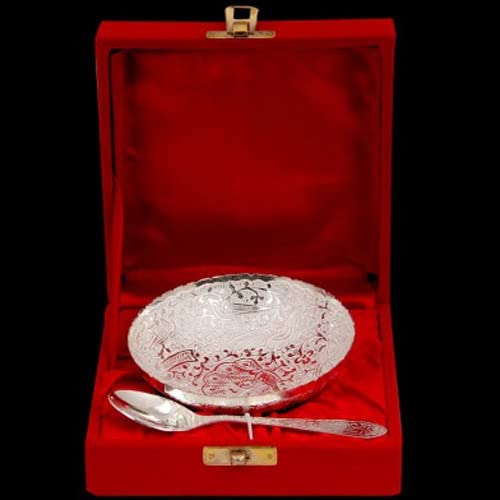 R Ayurveda Copper Metal Floral Dessert Bowl with Spoon Silver Plated in Gift Box for Wedding Home Decor Birthday Housewarming Festival Occassion Bowl Size 3.75 inches Box Size 4.75x4.75x2.25 inches