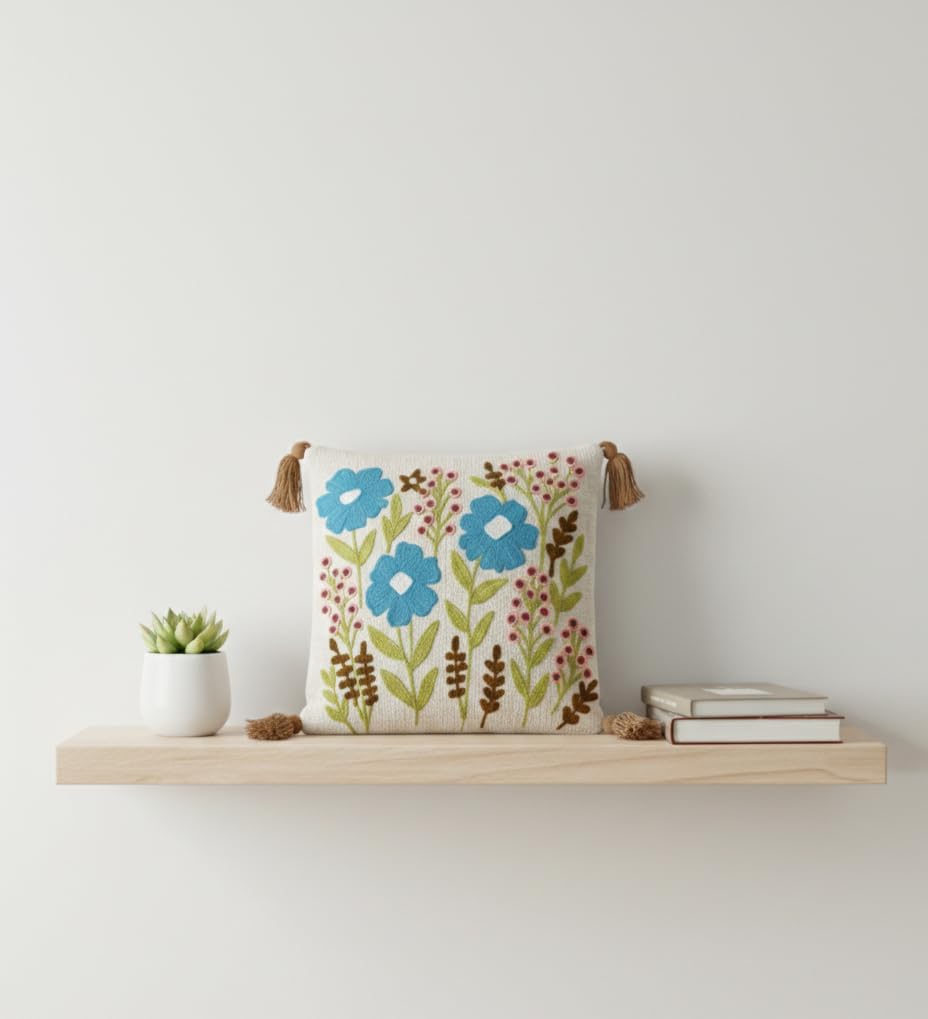 Furnistitchs Handmade Tufted Boho Cushion Covers 12x12 Inches | Embroidered Sofa Pillow Cases | Rustic Bohemian Decorative Throw Cushions for Couch Bedroom Living Room (2, Blue Bellflower)