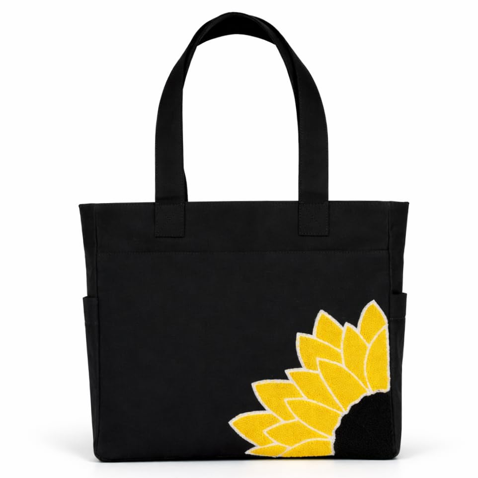 TSANTA U Shaped Canvas Tote Bag, 35.56x33.02 cm with 10.8 cm Gusset, Cotton, Zipper Closure, Laptop Compartment (sunflower)
