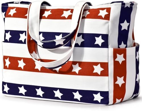 hirTa Elp Tote Bag for Teacher Women Office Girls Work Multipurpose Shoulder HandBag with Zipper Pocket Mostly Use for Travel Grocery Beach Hobo Diaper Changing Sandproof Pool (Blue Red Star)